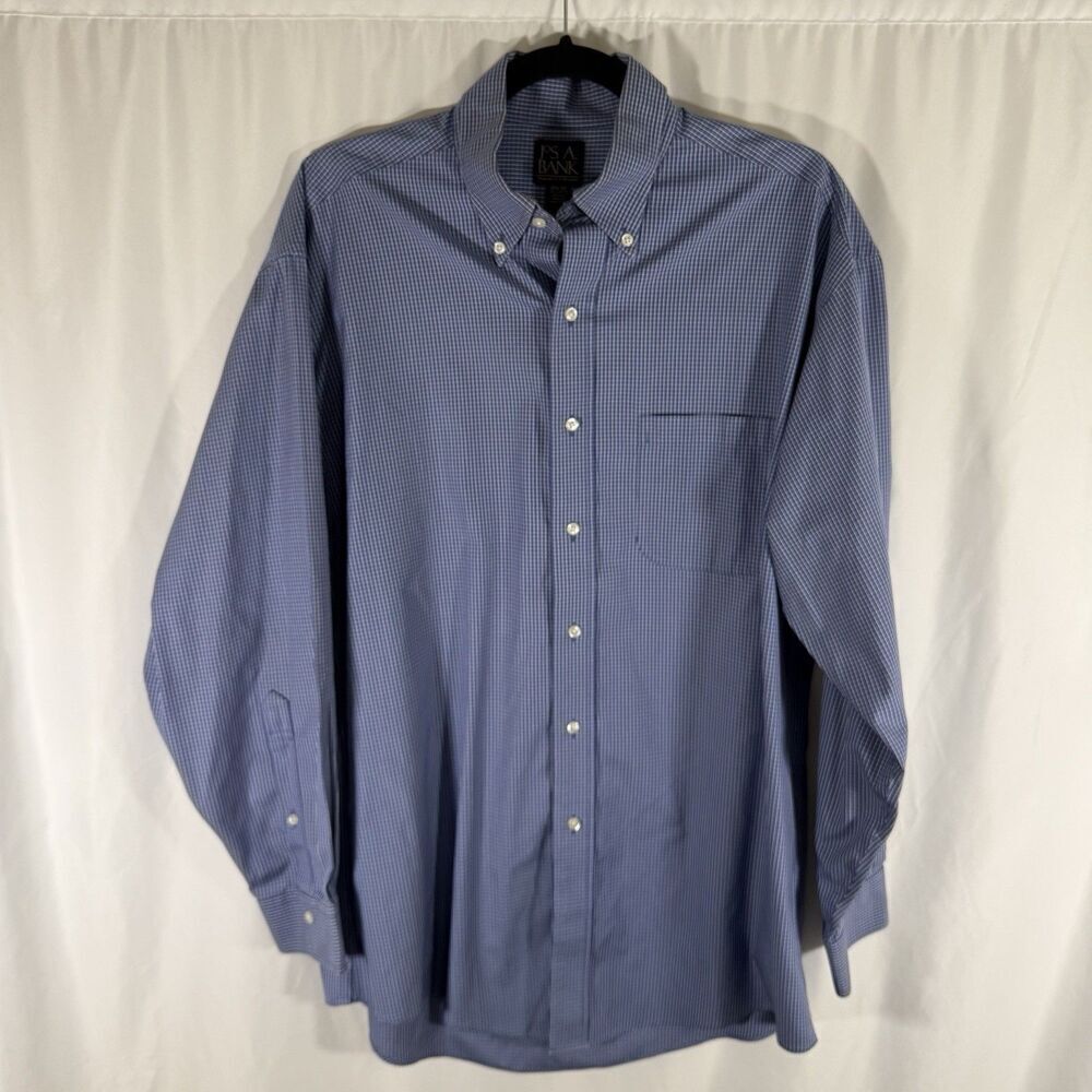 Jos A Bank Traveler Shirt Men's 15.5 33 Blue Plaid Button Up Long Sleeve Cotton